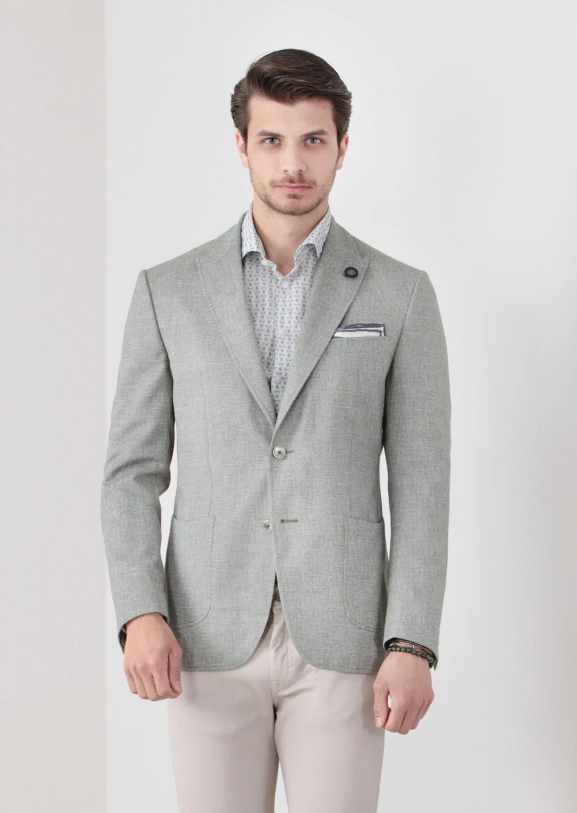 Yeşil Desenli Zeroweight-slim Fit Yün Karışımlı Ceket - 4