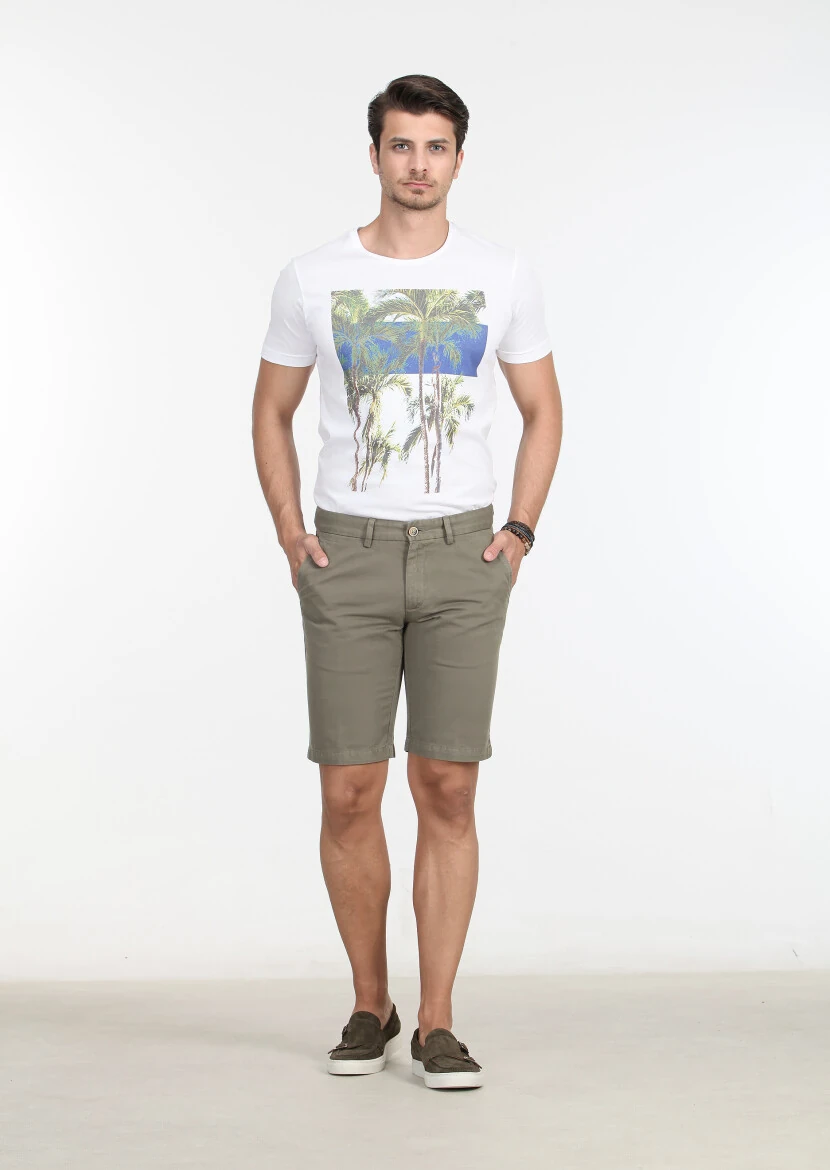 Yeşil Düz Dokuma Regular Fit Casual Pamuk Karışımlı Bermuda - 1