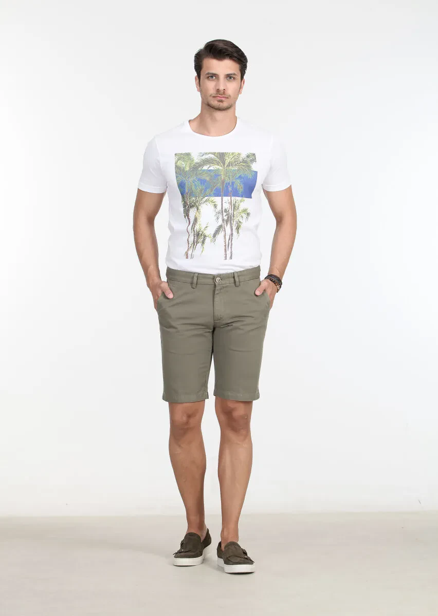Yeşil Düz Dokuma Regular Fit Casual Pamuk Karışımlı Bermuda - 1