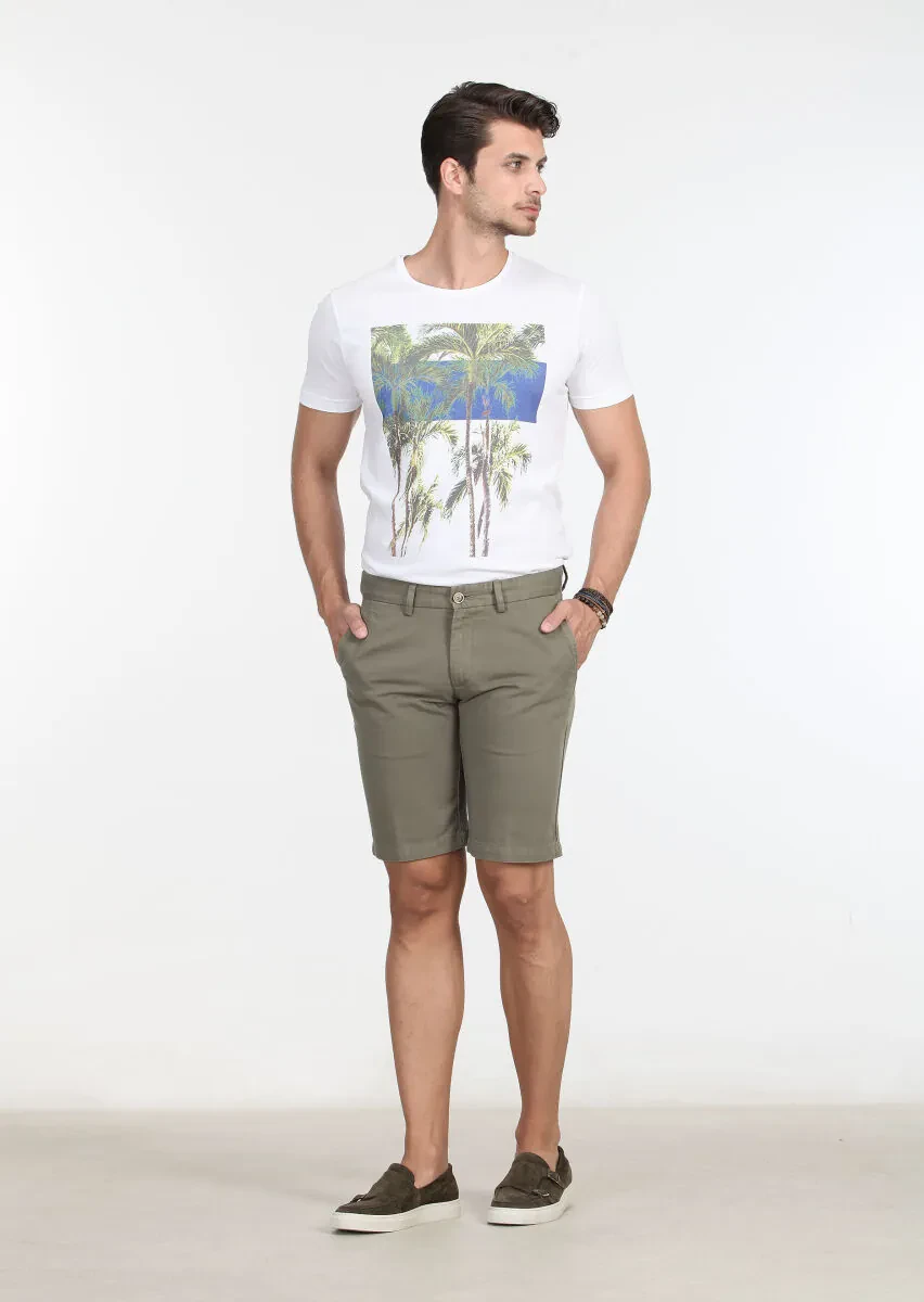 Yeşil Düz Dokuma Regular Fit Casual Pamuk Karışımlı Bermuda - 2