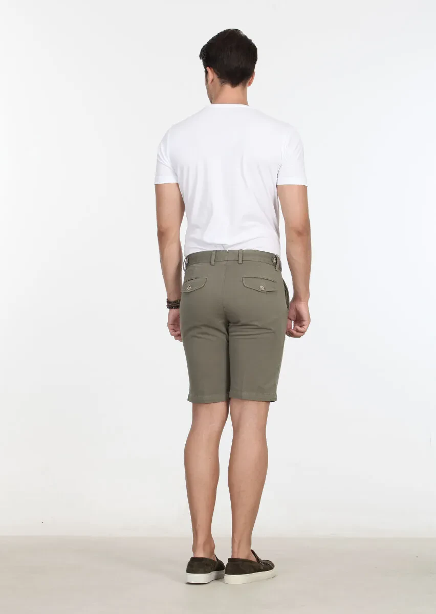 Yeşil Düz Dokuma Regular Fit Casual Pamuk Karışımlı Bermuda - 4