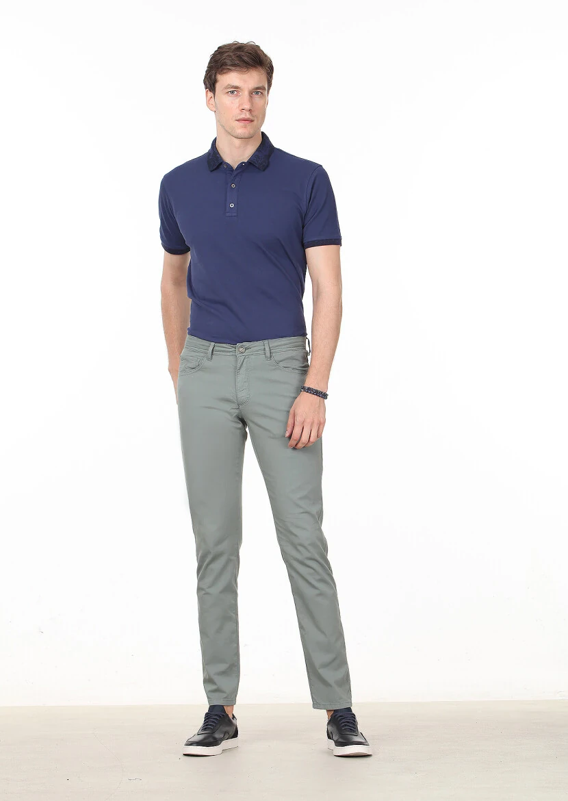 Yeşil Düz Dokuma Regular Fit Casual Pamuk Karışımlı Pantolon - 1