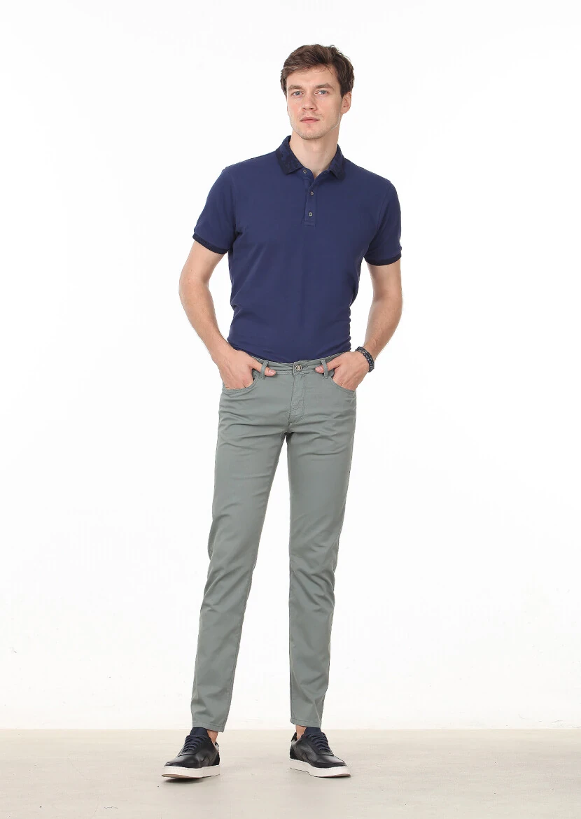 Yeşil Düz Dokuma Regular Fit Casual Pamuk Karışımlı Pantolon 
