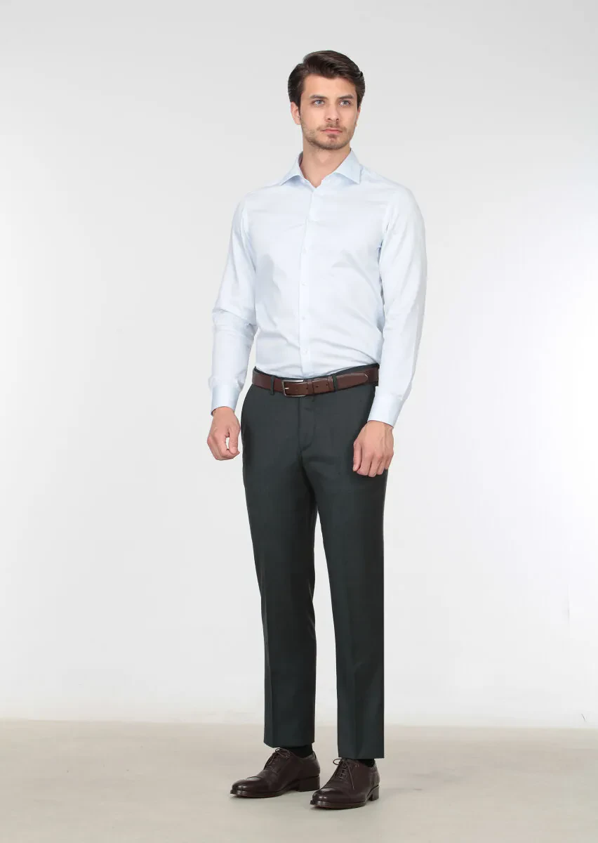 Yeşil Düz Dokuma Regular Fit Klasik %100 Yün Pantolon - 1
