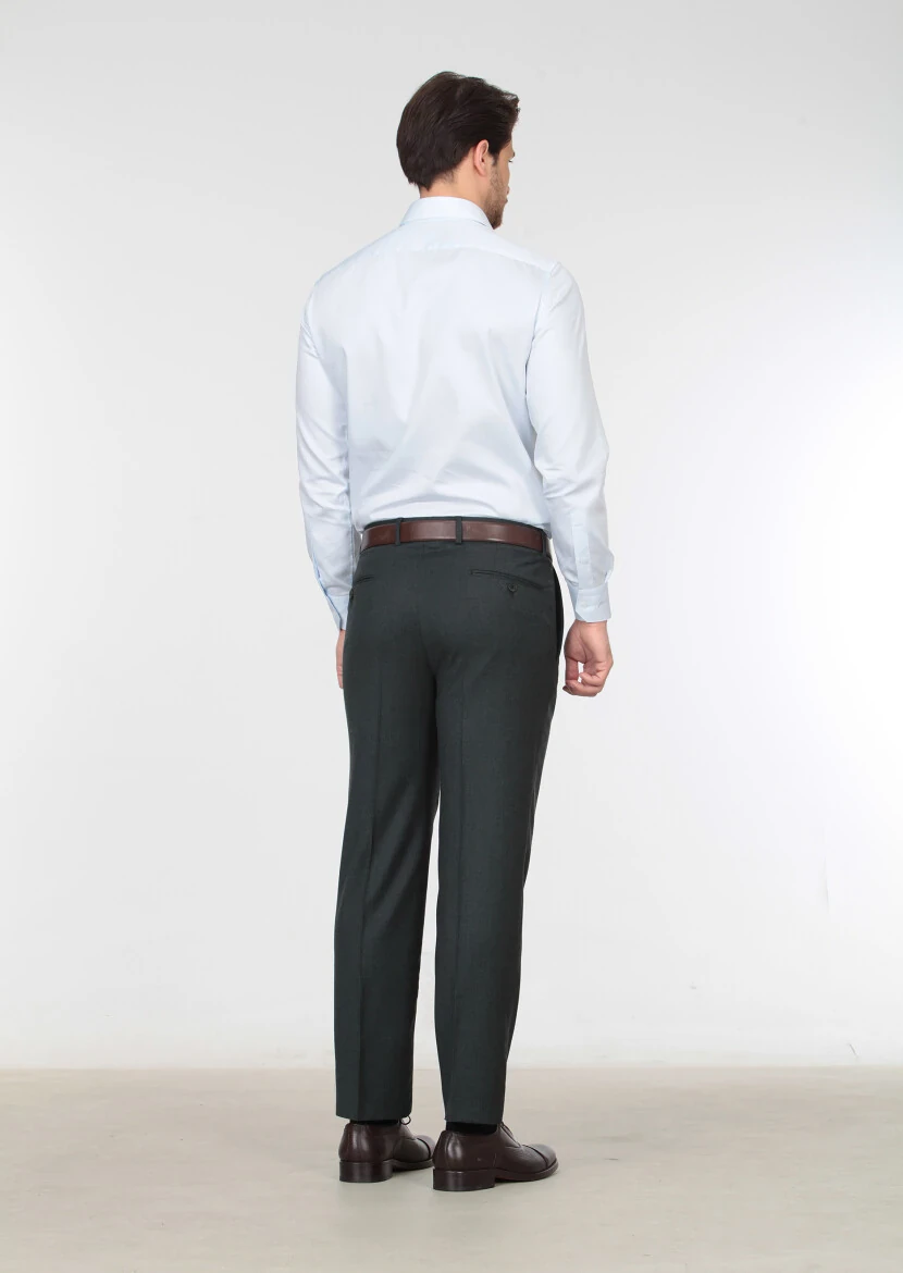 Yeşil Düz Dokuma Regular Fit Klasik %100 Yün Pantolon - 4
