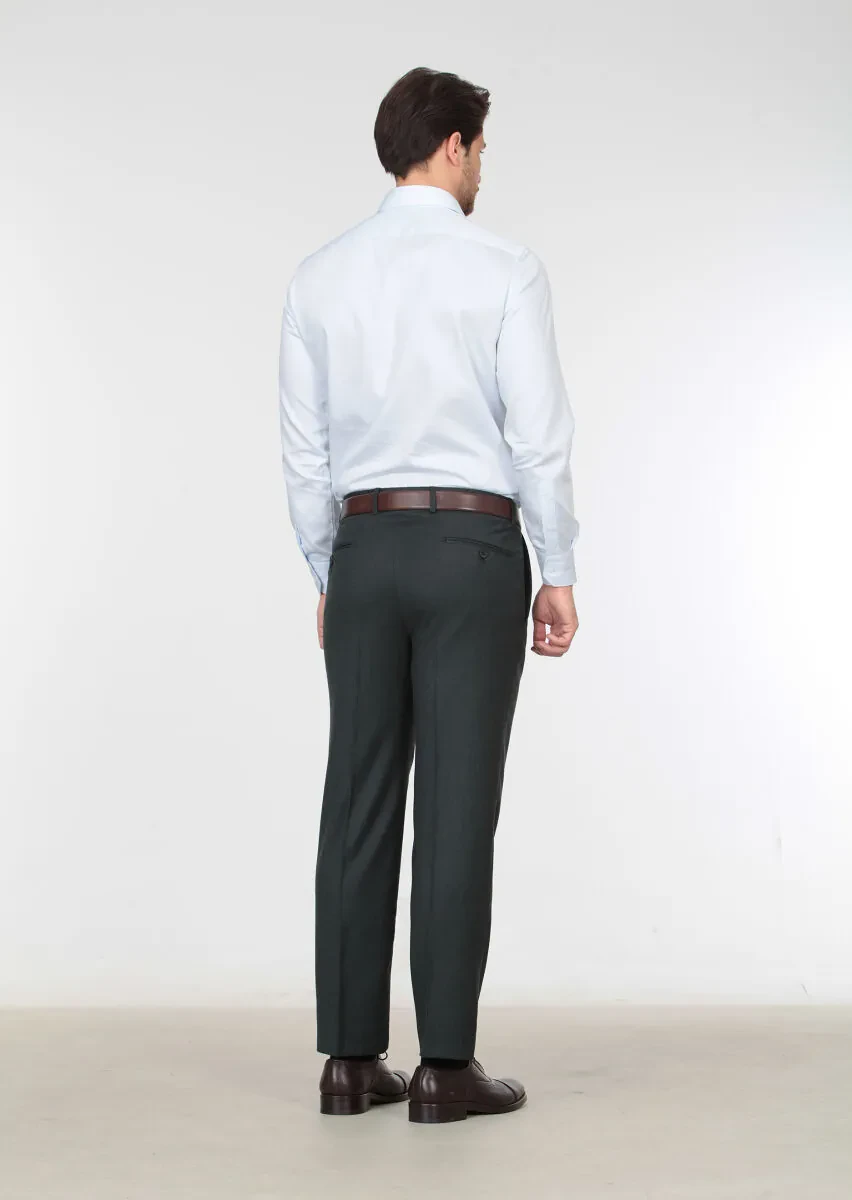 Yeşil Düz Dokuma Regular Fit Klasik %100 Yün Pantolon - 4