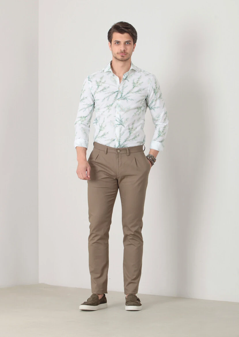 Yeşil Düz Dokuma Slim Fit Casual Pamuk Karışımlı Pantolon - 1