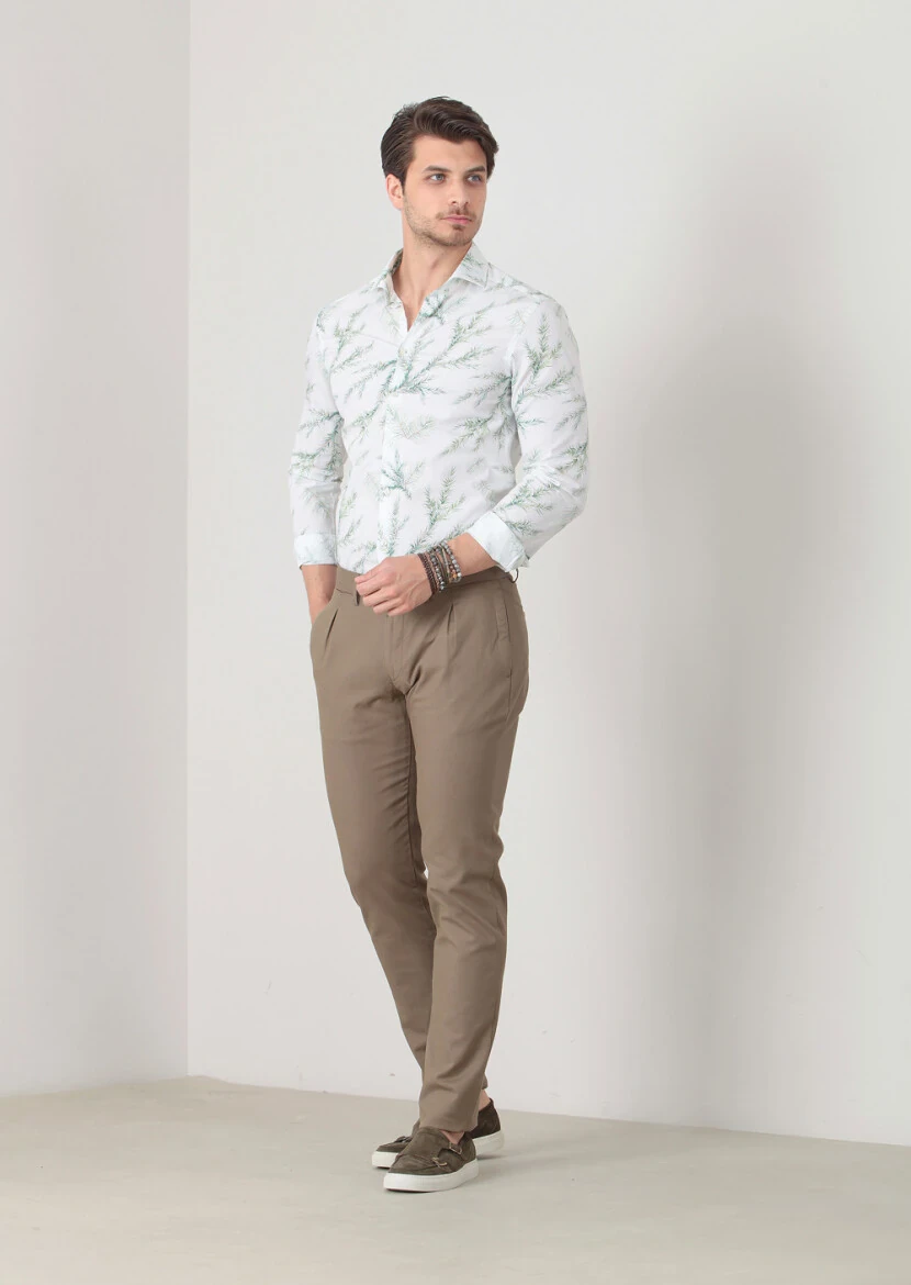 Yeşil Düz Dokuma Slim Fit Casual Pamuk Karışımlı Pantolon 