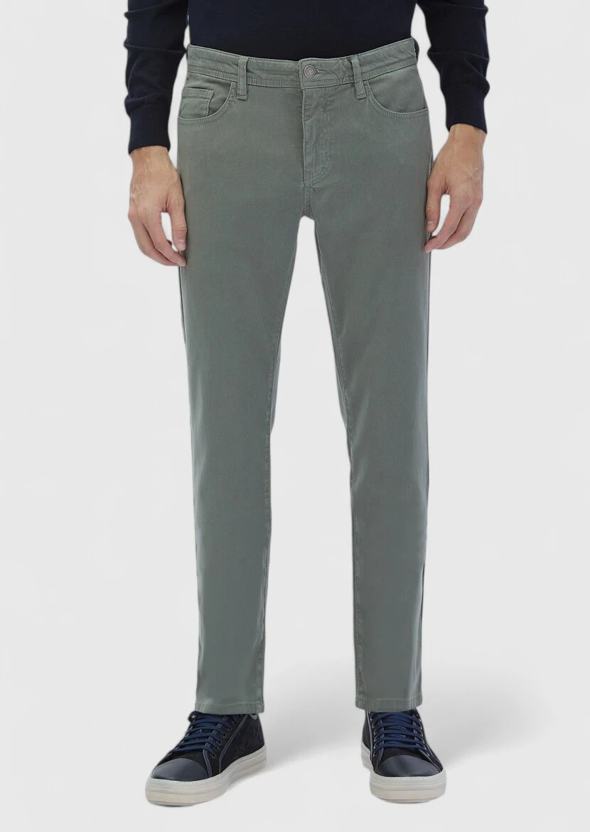 Yeşil Düz Dokuma Slim Fit Casual Pamuk Karışımlı Pantolon 