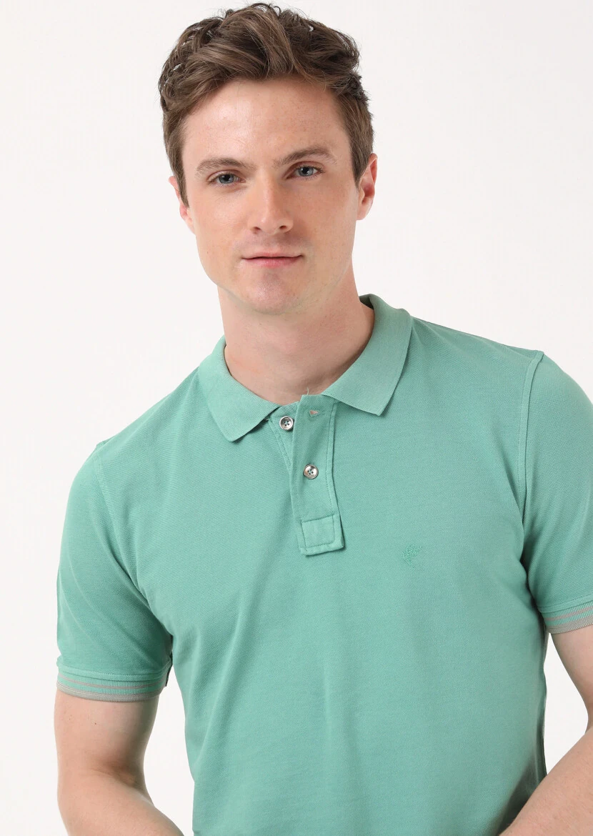 Yeşil Düz Polo Yaka %100 Pamuk T-Shirt - 2