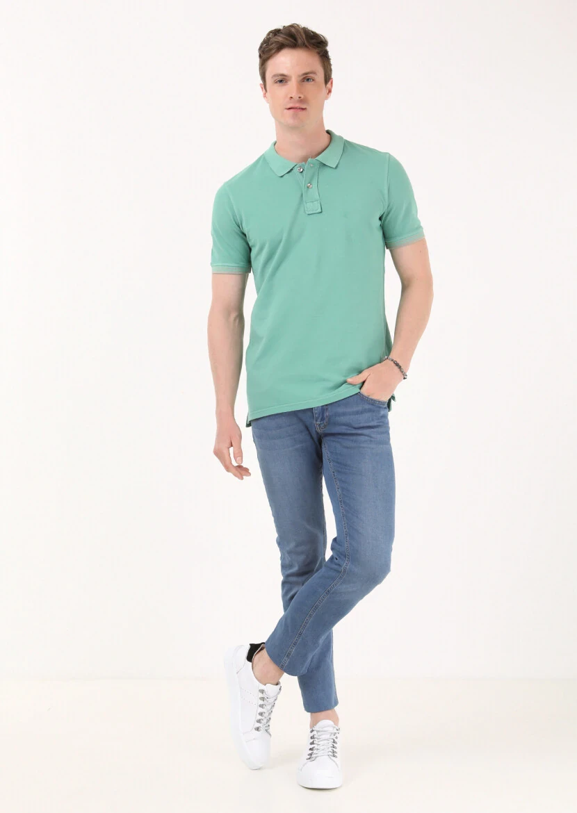 Yeşil Düz Polo Yaka %100 Pamuk T-Shirt - 3