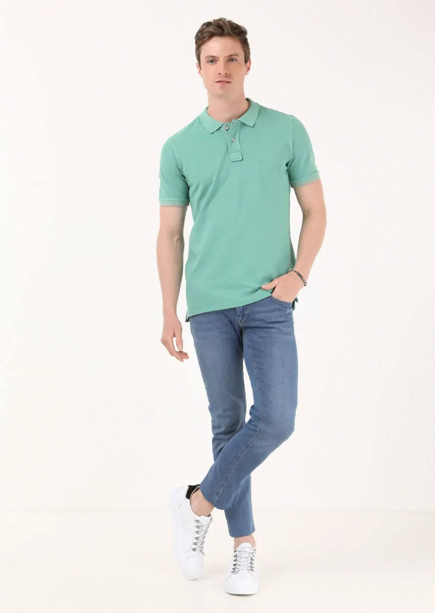 Yeşil Düz Polo Yaka %100 Pamuk T-Shirt - 3