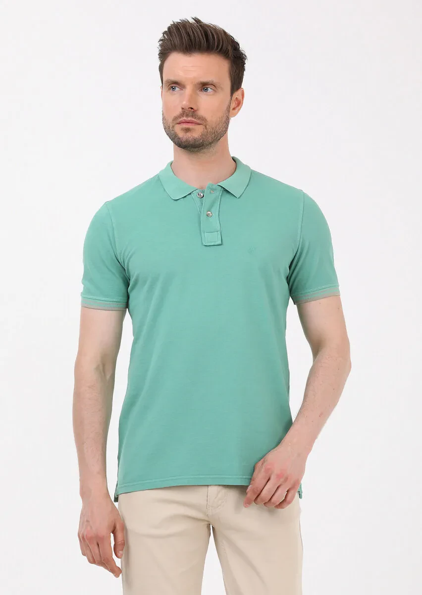 Yeşil Düz Polo Yaka %100 Pamuk T-Shirt - 4