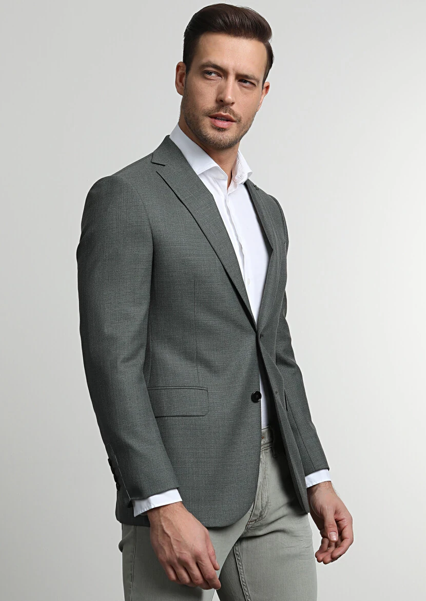 Yeşil Düz Regular Fit %100 Yün Ceket - 1