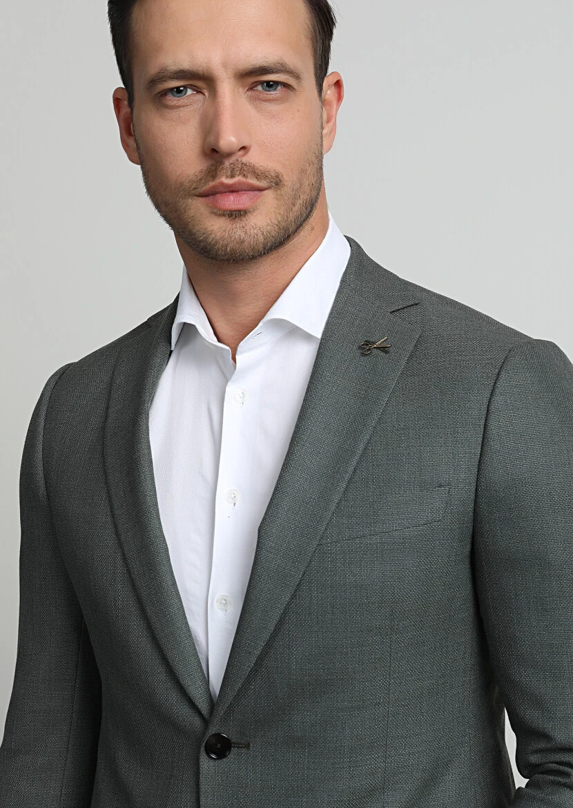 Yeşil Düz Regular Fit %100 Yün Ceket - 2