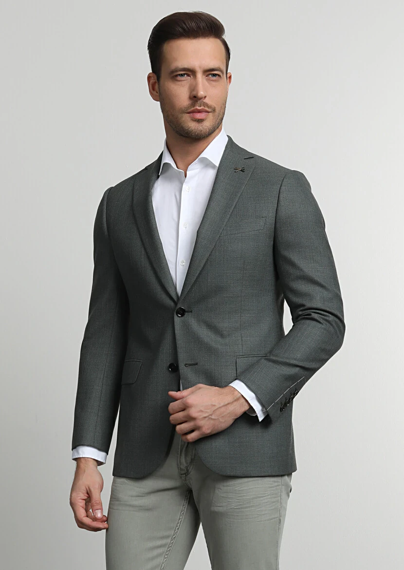 Yeşil Düz Regular Fit %100 Yün Ceket - 3