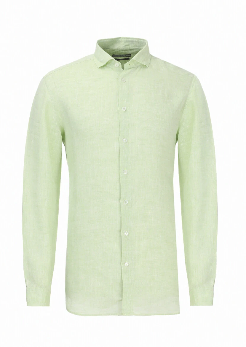 Yeşil Düz Regular Fit Dokuma Casual %100 Keten Gömlek - 5