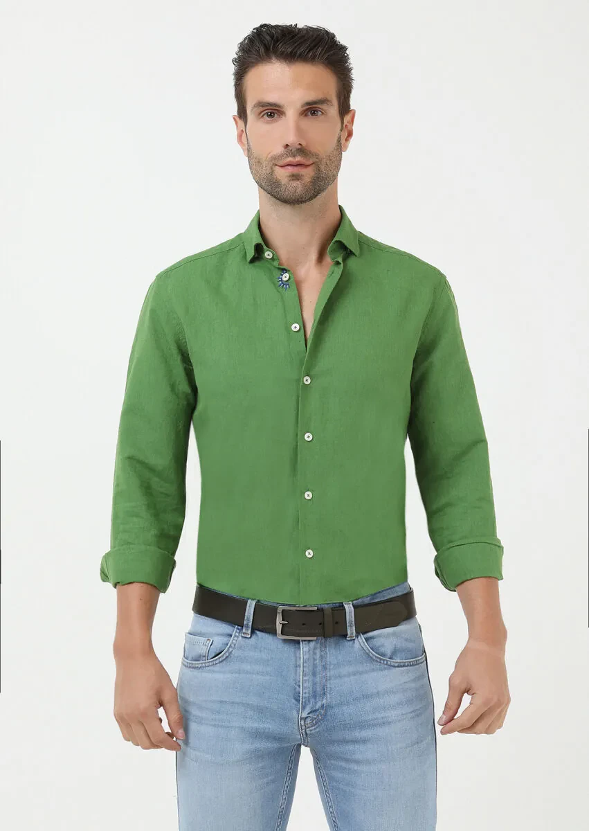 Yeşil Düz Regular Fit Dokuma Casual Pamuk Karışımlı Gömlek - 2