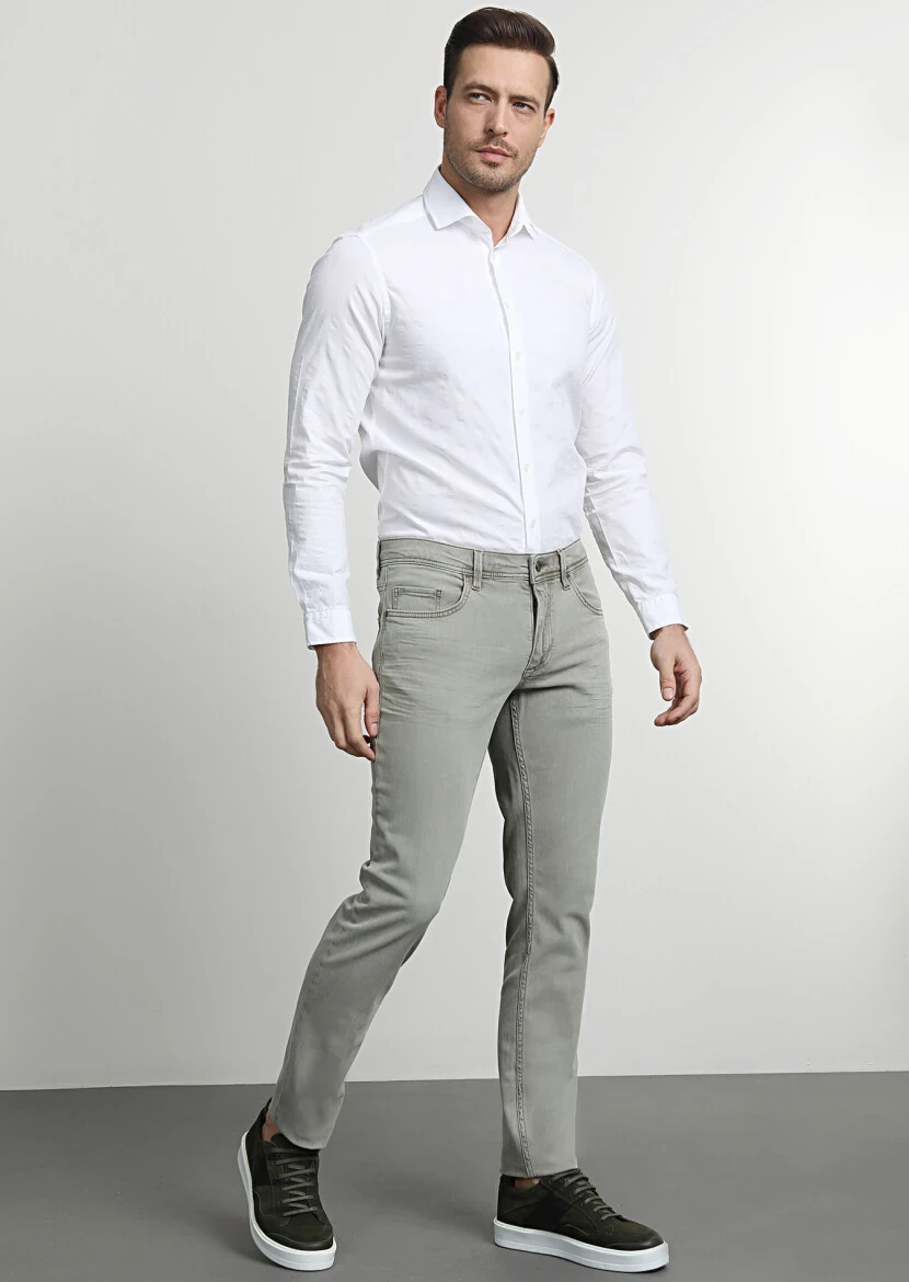 Yeşil Düz Slim Fit Denim Pamuk Karışımlı Pantolon - 1