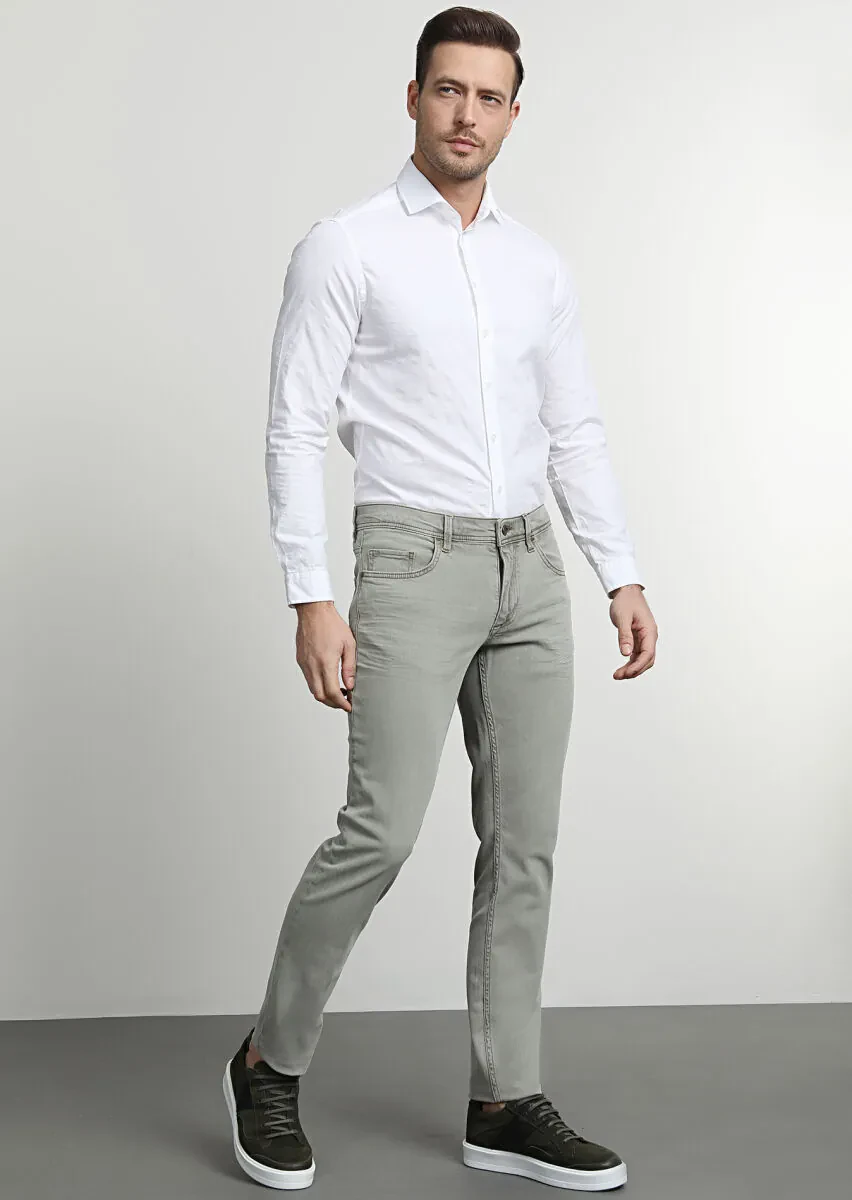 Yeşil Düz Slim Fit Denim Pamuk Karışımlı Pantolon - 1