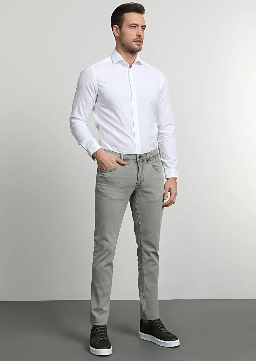 Yeşil Düz Slim Fit Denim Pamuk Karışımlı Pantolon - 3