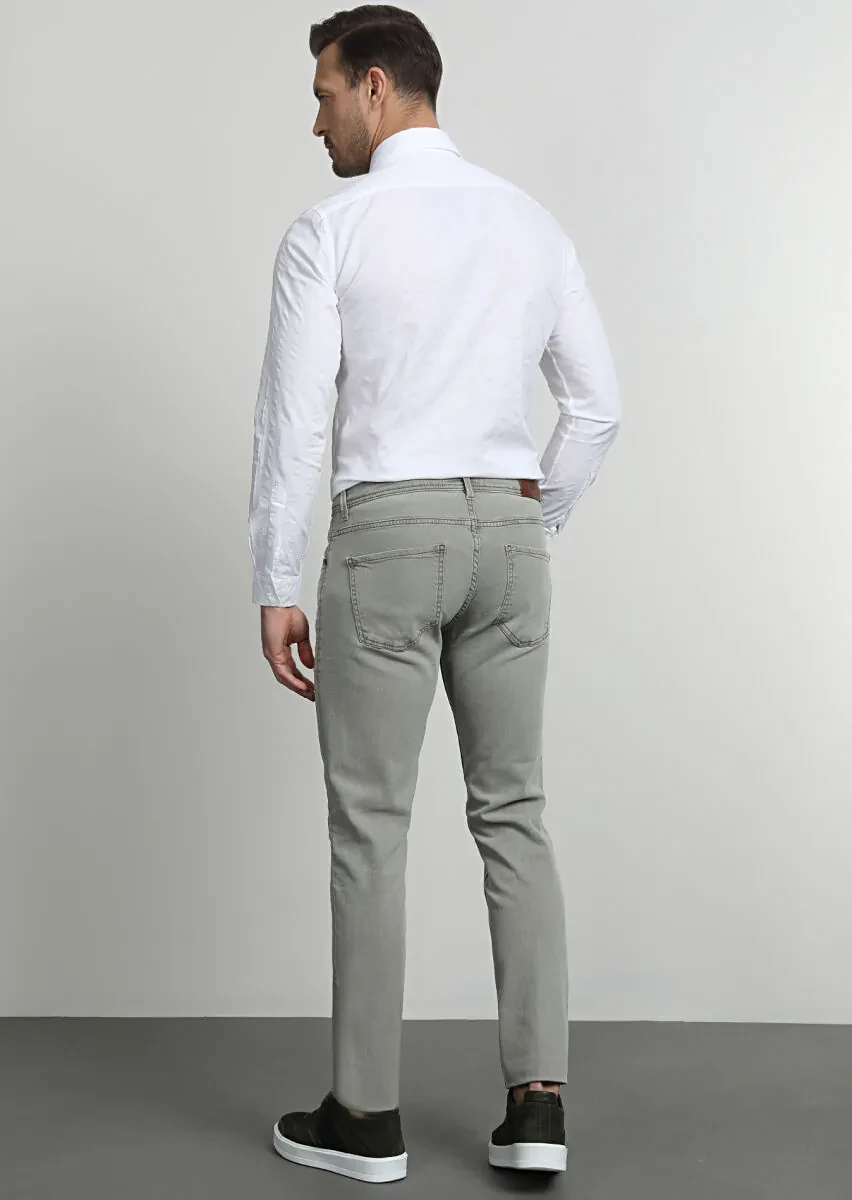 Yeşil Düz Slim Fit Denim Pamuk Karışımlı Pantolon - 4