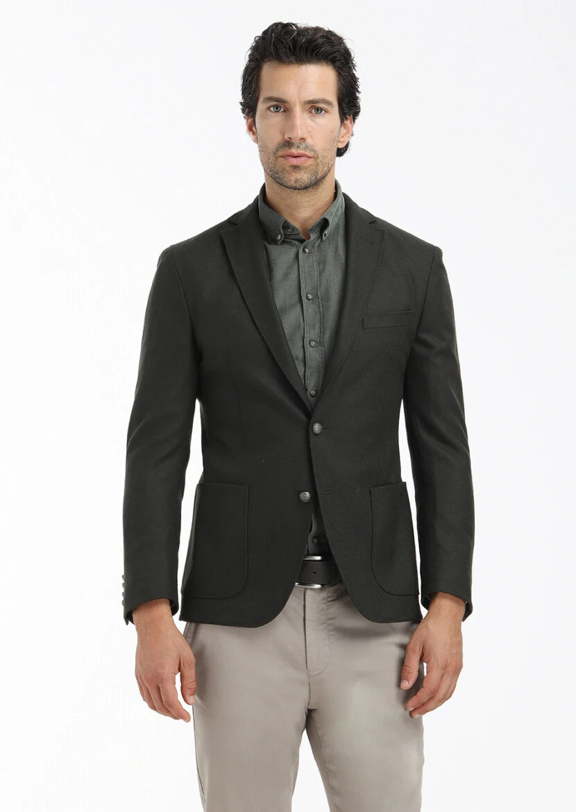 Yeşil Düz Zeroweight Slim Fit Yün Karışımlı Ceket - 2