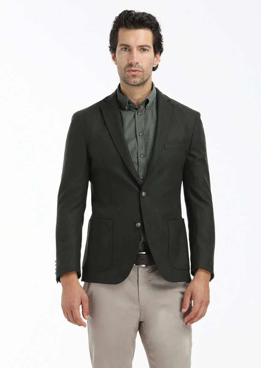 Yeşil Düz Zeroweight Slim Fit Yün Karışımlı Ceket - 2