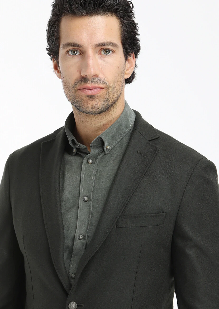 Yeşil Düz Zeroweight Slim Fit Yün Karışımlı Ceket - 4