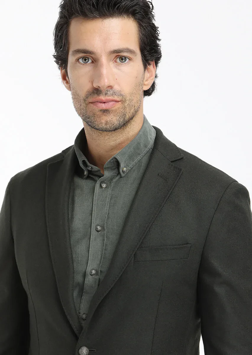 Yeşil Düz Zeroweight Slim Fit Yün Karışımlı Ceket - 4