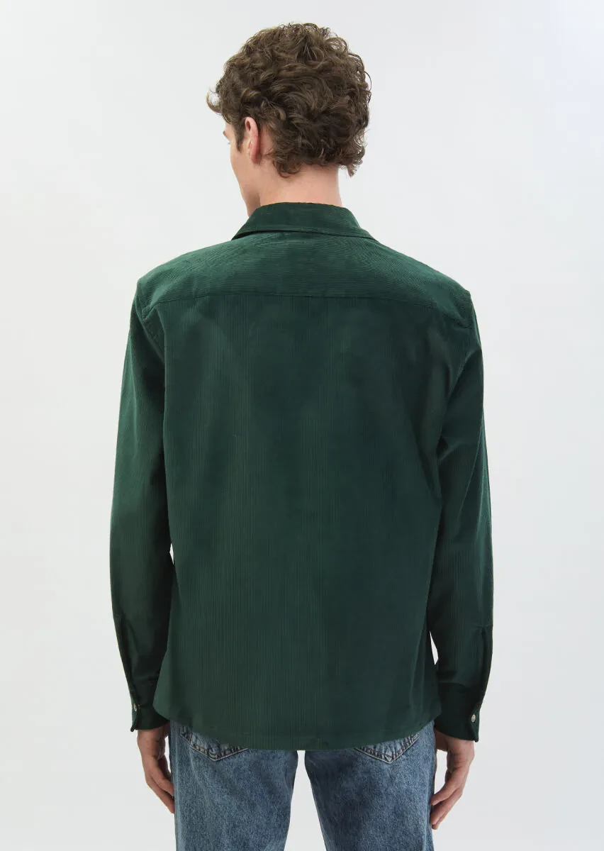 Yeşil Fitilli Casual Fit Dokuma Kadife Pamuk Karışımlı Overshırt - 5