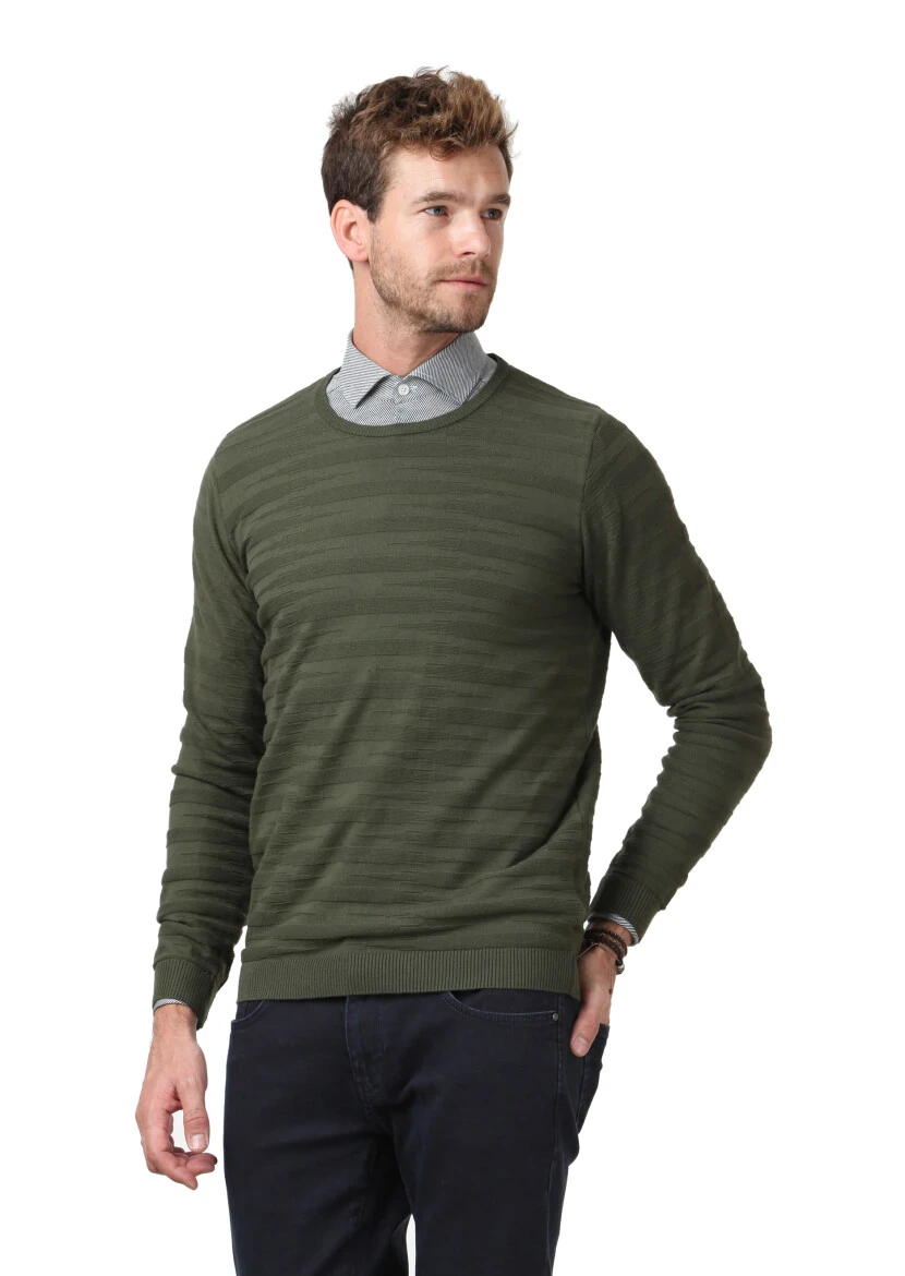 Yeşil Jakarlı %100 Pamuk Triko Kazak - 1