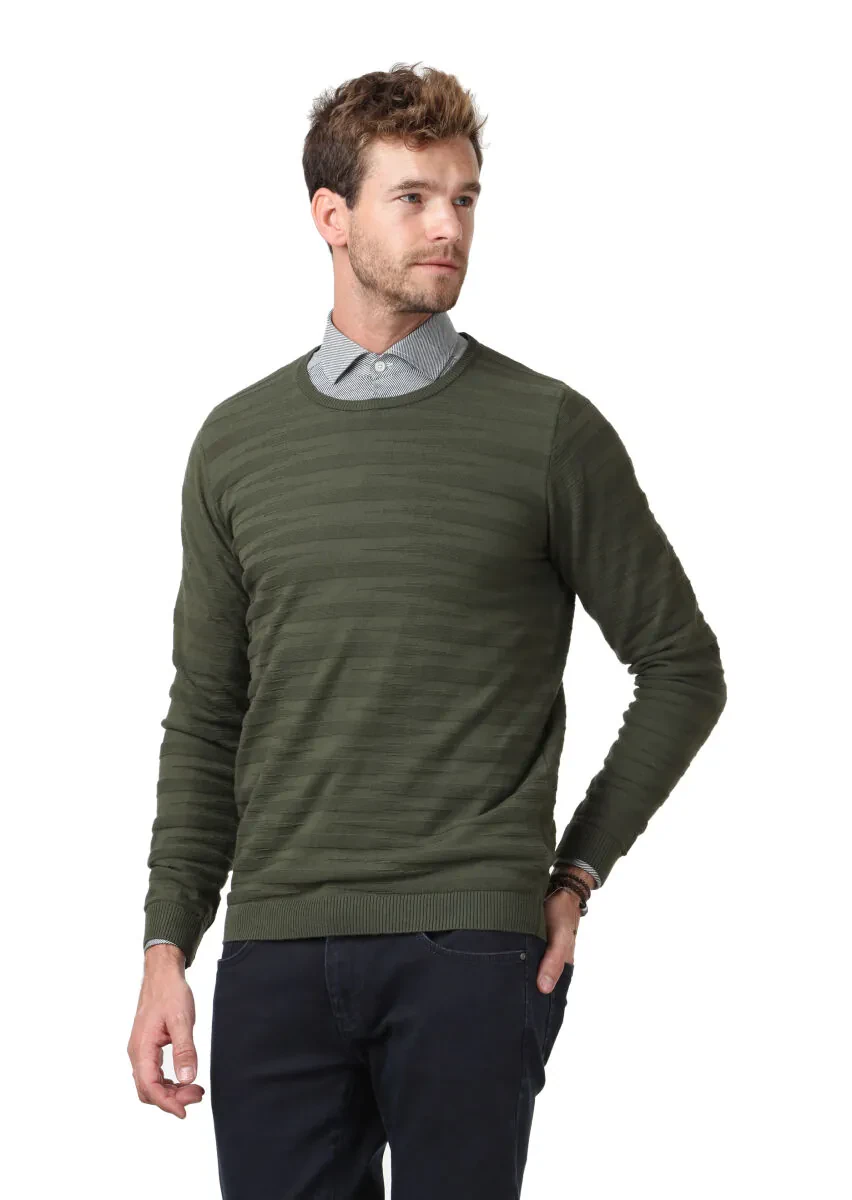 Yeşil Jakarlı %100 Pamuk Triko Kazak - 1