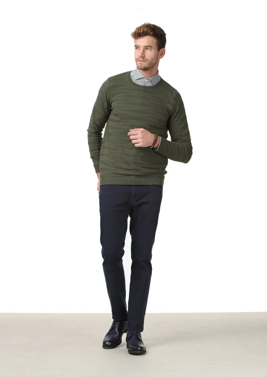 Yeşil Jakarlı %100 Pamuk Triko Kazak - 2