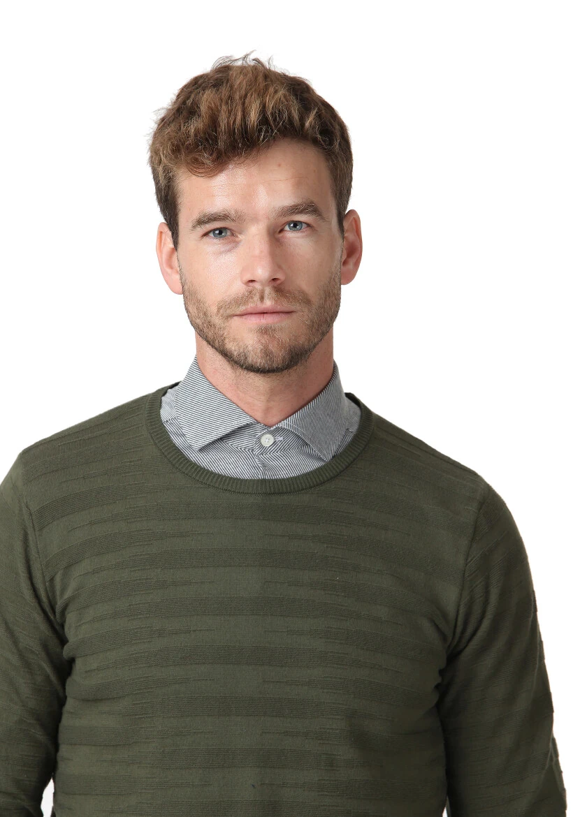 Yeşil Jakarlı %100 Pamuk Triko Kazak - 4