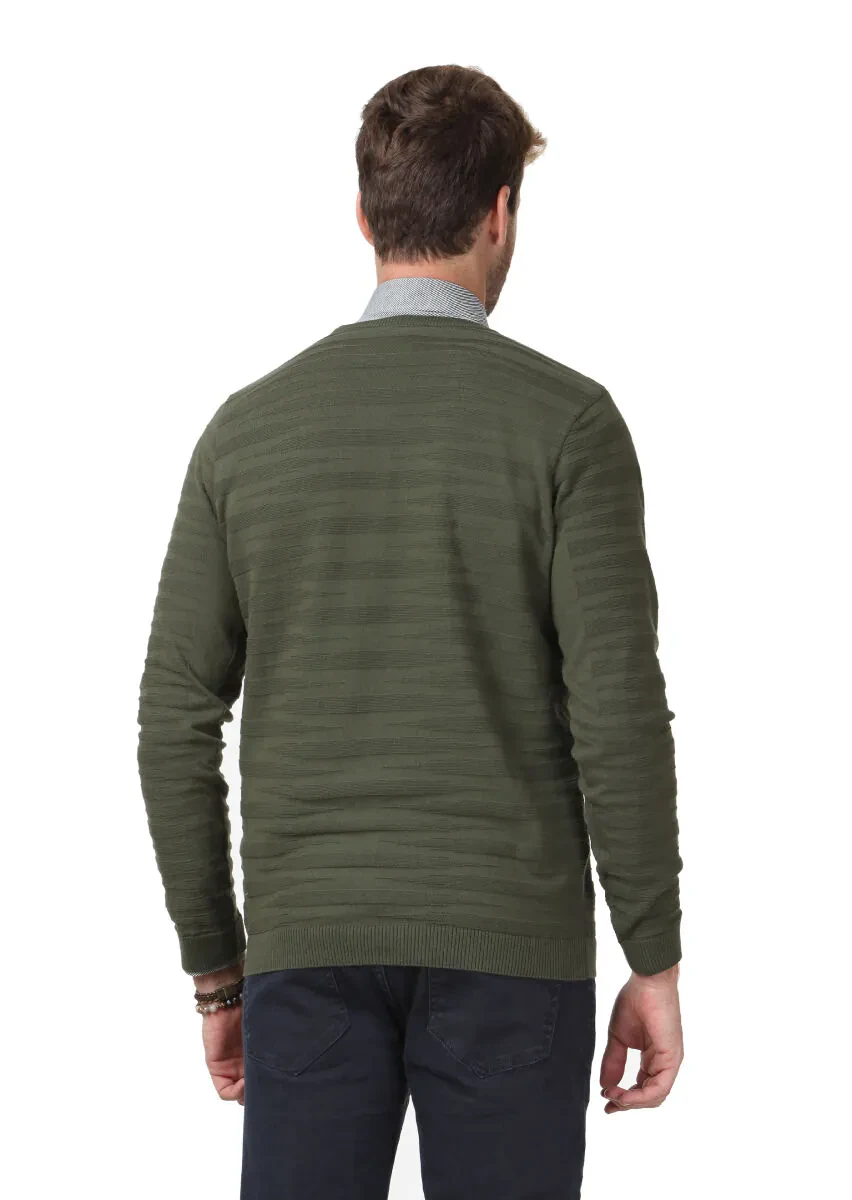 Yeşil Jakarlı %100 Pamuk Triko Kazak - 5