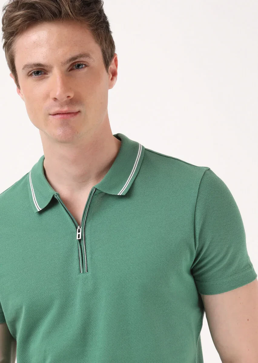 Yeşil Jakarlı Polo Yaka %100 Pamuk T-Shirt - 3