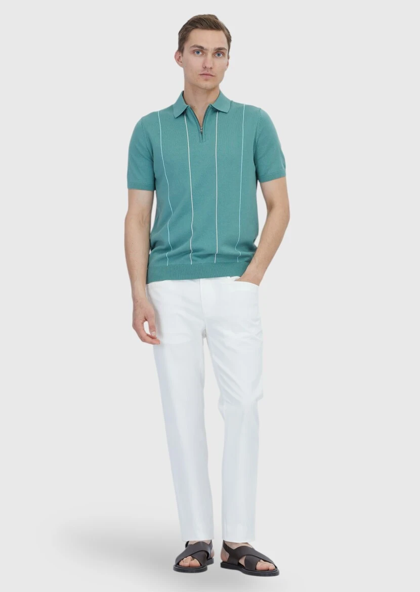Yeşil Polo Yaka Çizgili Pamuk Karışımlı Triko - 2