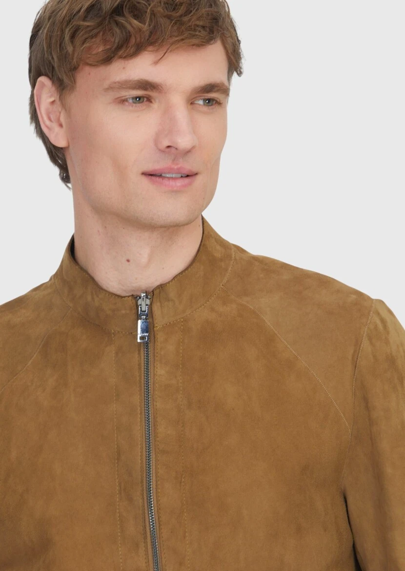 Zeytin Yeşili Dik Yaka Casual Çift Taraflı Deri Mont - 5