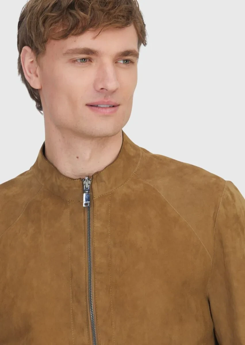 Zeytin Yeşili Dik Yaka Casual Çift Taraflı Deri Mont - 5