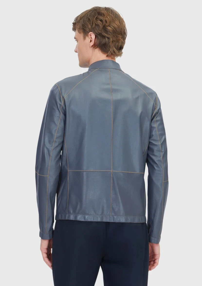 Zeytin Yeşili Dik Yaka Casual Çift Taraflı Deri Mont - 7